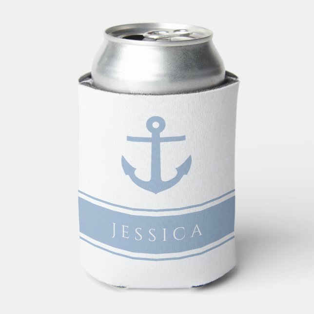 Modern Blue Nautical Anchor Name Can Cooler (Can Front)