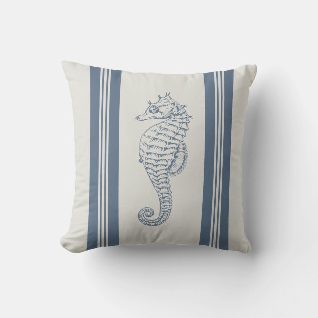 Modern Blue Nautical Seahorse Pillow (Front)