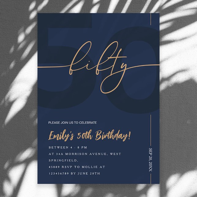 Modern Blue Navy & Gold 50th Birthday Invitation (Creator Uploaded)