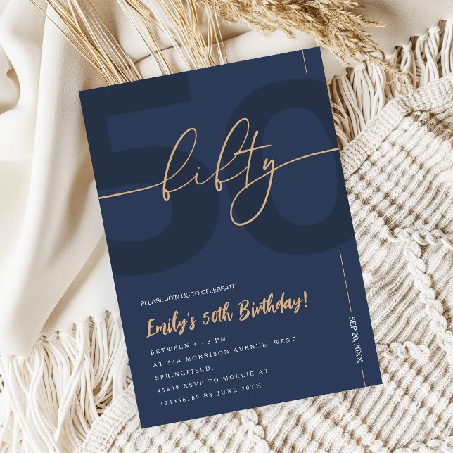 Modern Blue Navy & Gold 50th Birthday Invitation (Creator Uploaded)