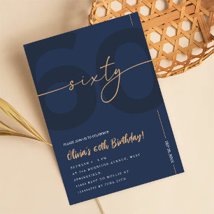 Modern Blue Navy & Gold 60th Birthday Invitation