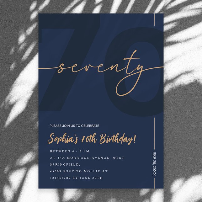 Modern Blue Navy & Gold 70th Birthday Invitation (Creator Uploaded)