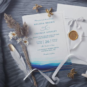 Modern Blue Navy Gold Ocean QR Code Wedding Invitation