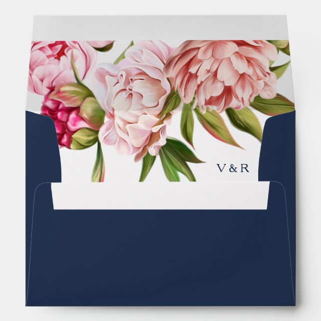 Modern Blue Navy Monogram Blush Pink Wedding Envelope (Back (Bottom))