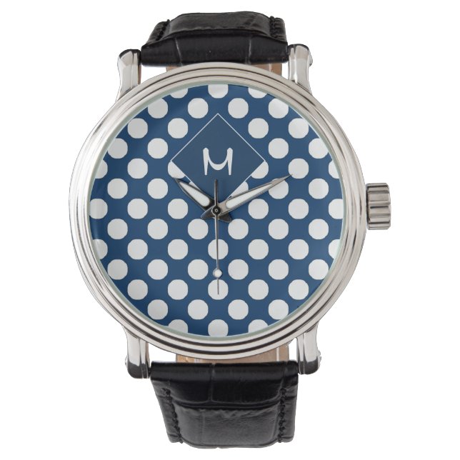 Modern Blue Navy White Monogrammed Watch (Front)