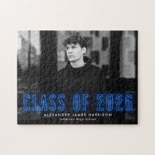 Modern Blue Neon Class of 2025 Graduation Photo Jigsaw Puzzle