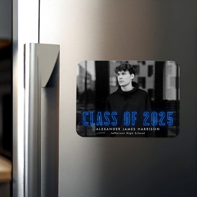 Modern Blue Neon Class of 2025 Photo Graduation Magnet (Creator Uploaded)