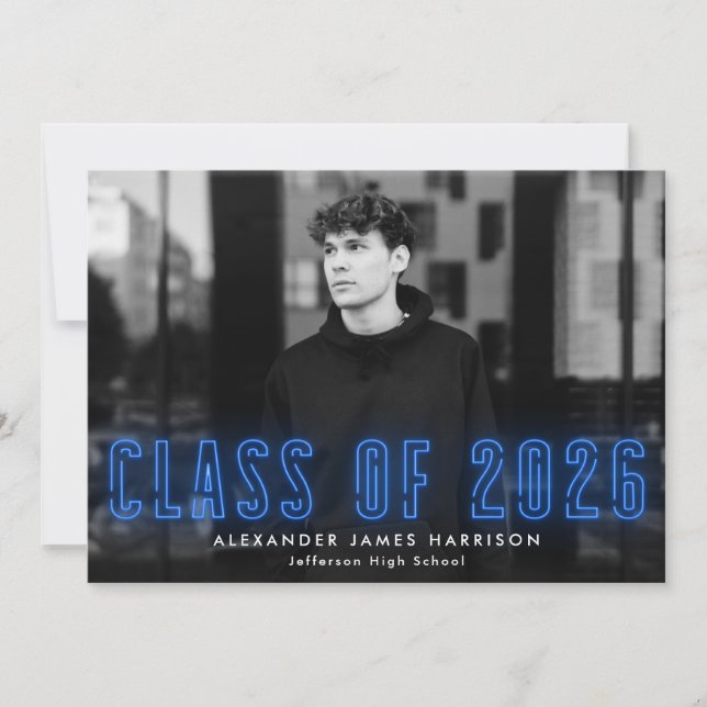 Modern Blue Neon Class of 2026 Photo Graduation Announcement (Front)