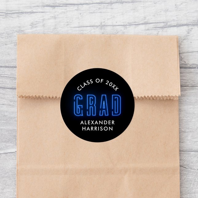 Modern Blue Neon Graduation Classic Round Sticker (Creator Uploaded)