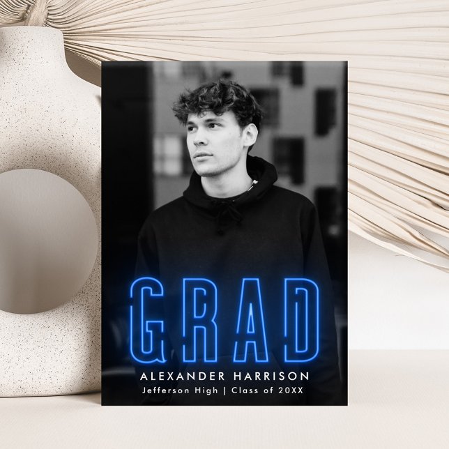 Modern Blue Neon Vertical Photo Graduation Announcement (Creator Uploaded)