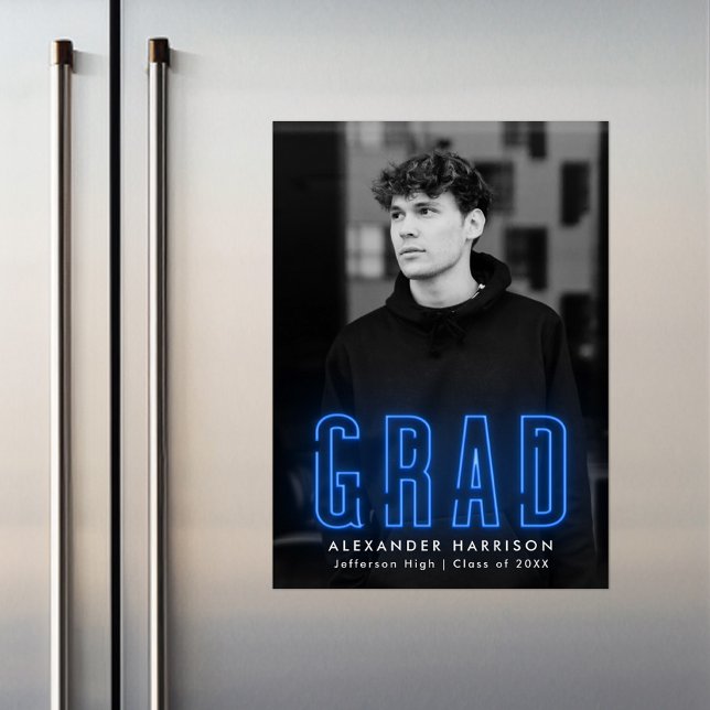 Modern Blue Neon Vertical Photo Graduation Magnetic Invitation (Creator Uploaded)
