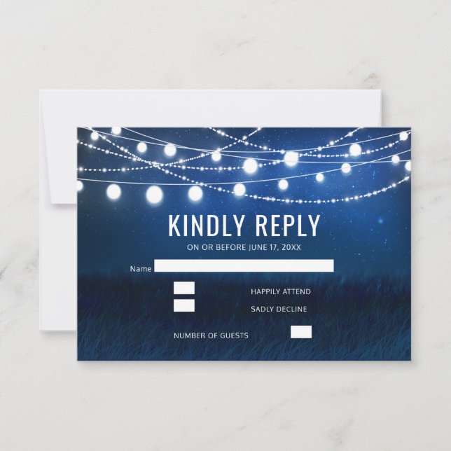 Modern Blue Night & String Lights Wedding RSVP (Front)