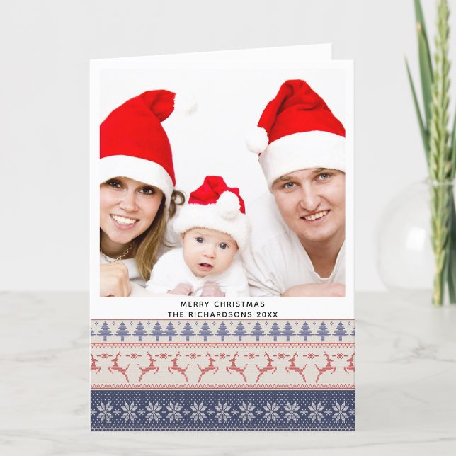 Modern Blue Nordic Sweater Flying Reindeer Pattern Holiday Card (Creator Uploaded)