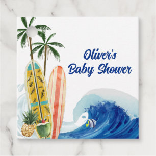 Modern Blue Ocean Wave Surfboard Baby Shower Favour Tags