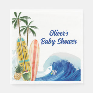 Modern Blue Ocean Wave Surfboard Baby Shower  Napkin