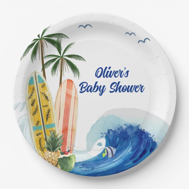 Modern Blue Ocean Wave Surfboard Baby Shower  Paper Plate (Front)