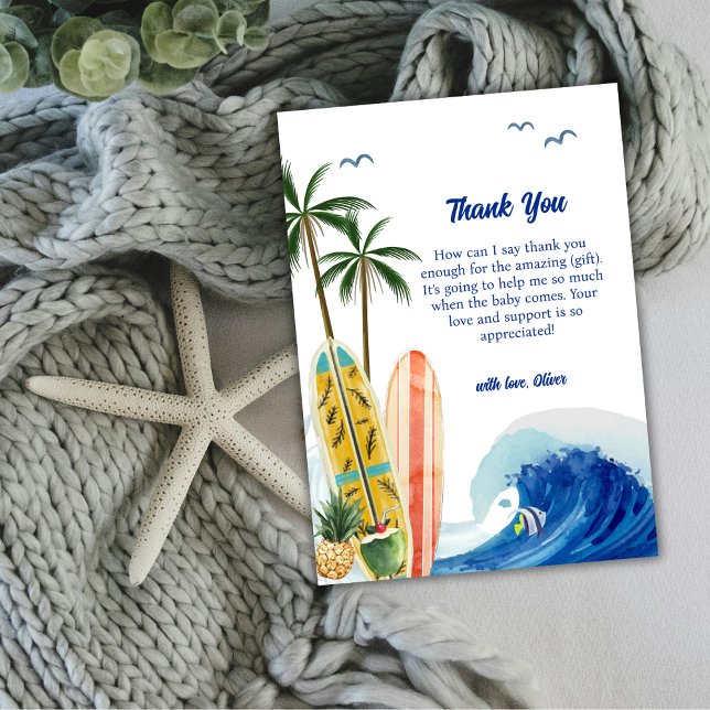 Modern Blue Ocean Wave Surfboard Baby Shower  Thank You Card (Modern Blue Ocean Wave Surfboard Baby Shower Thank You Card)