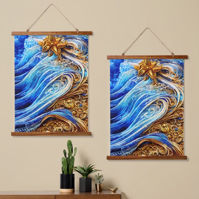 Modern Blue Ocean Waves Hanging Tapestry (Asymmetrical)