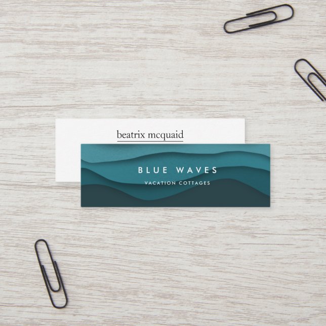Modern Blue Ocean Waves Mini Business Card (Front/Back In Situ)