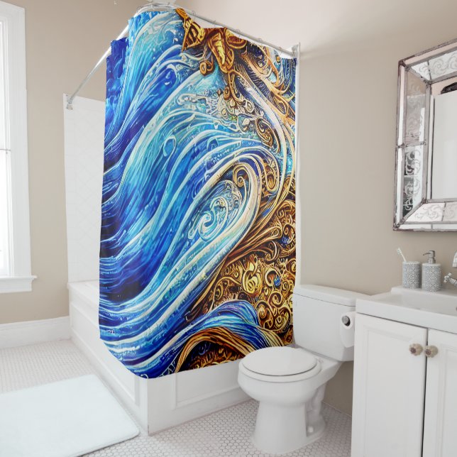 Modern Blue Ocean Waves Shower Curtain (In Situ)