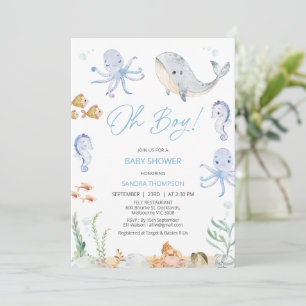 Modern Blue Oh Boy Under Sea Baby Shower Invitation