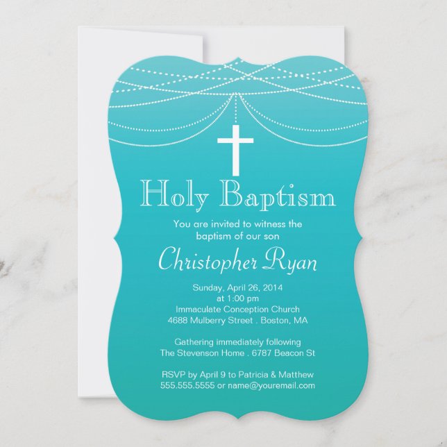 Modern Blue Ombre Garland Cross Holy Baptism Invitation (Front)