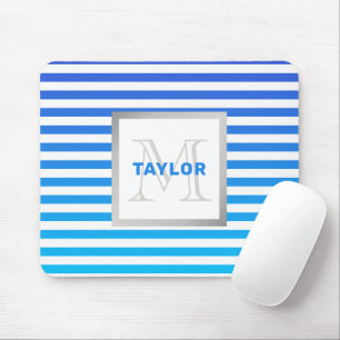 Modern Blue Ombre Stripes With Name Monogram Mouse Mat