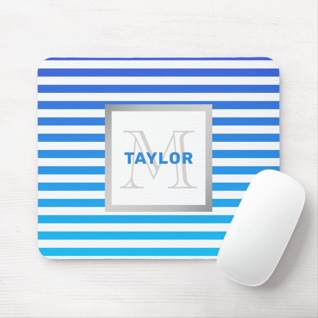Modern Blue Ombre Stripes With Name Monogram Mouse Mat (With Mouse)
