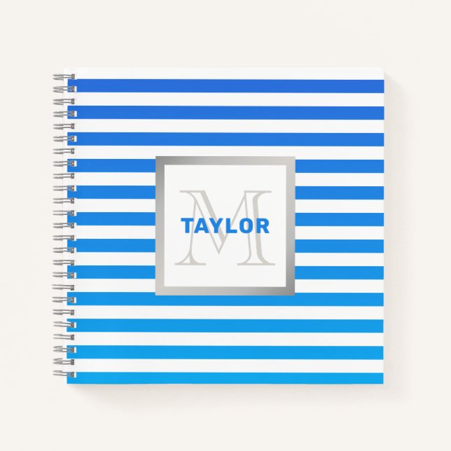 Modern Blue Ombre Stripes With Name Monogram Notebook (Front)