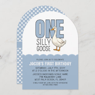 Modern Blue One Silly Goose 1st Birthday Party Invitation