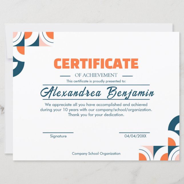 Modern Blue Orange Certificate of Achievement Prof (Front)