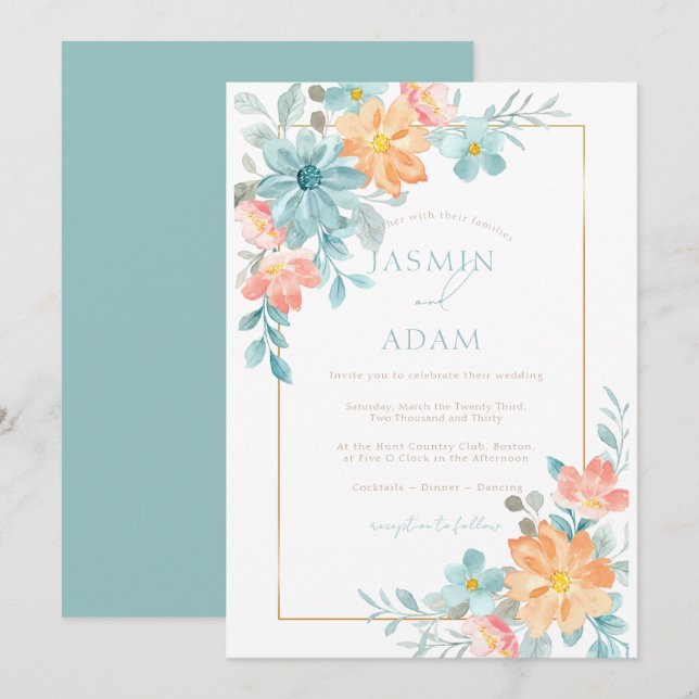 Modern Blue & Orange Floral Wedding Invitation (Front/Back)