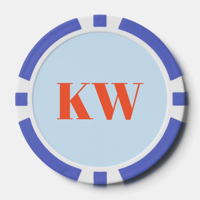Modern Blue Orange Monogram Initials Personalised Poker Chips (Front)