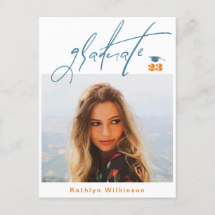 Modern Blue Orange Script Minimalist Photo GRAD Announcement Postcard