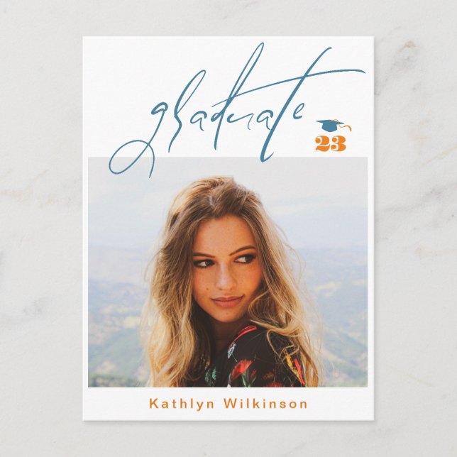 Modern Blue Orange Script Minimalist Photo GRAD Announcement Postcard (Front)
