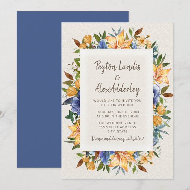 Modern Blue Orange Tan Floral Wedding Invitation (Front/Back)