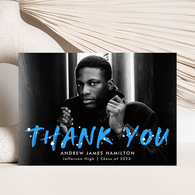 Modern Blue Paint Splatter Photo Graduation Thank You Card (Creator Uploaded)