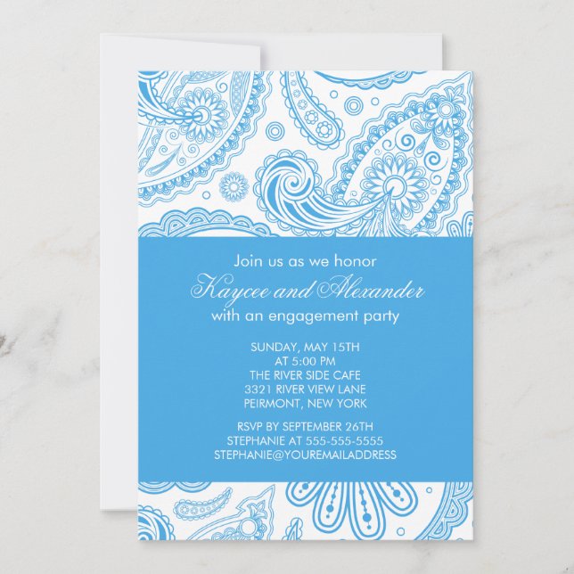 Modern Blue Paisley Engagement Party Invitations (Front)