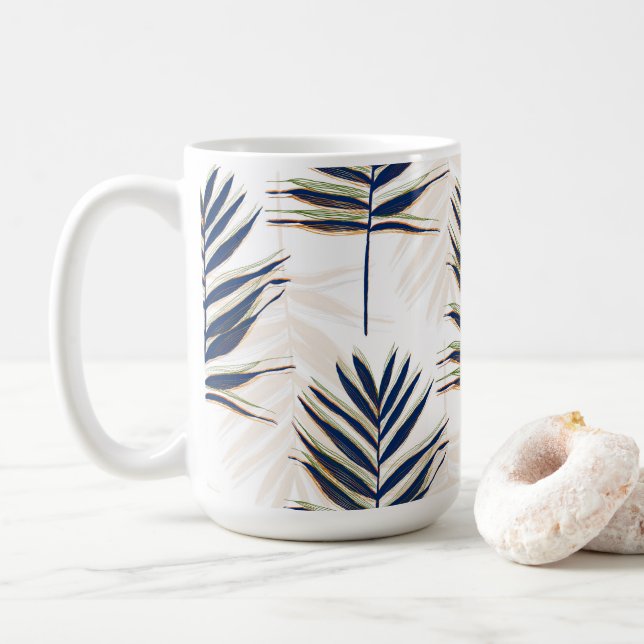 Modern Blue Palm Leaves Gold Strokes White Design Coffee Mug (With Donut)