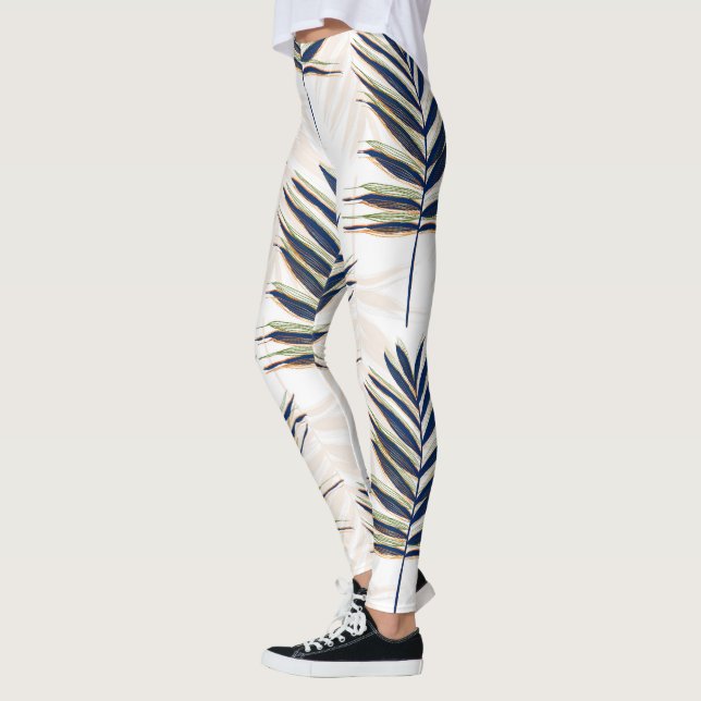 Modern Blue Palm Leaves Gold Strokes White Design Leggings (Left)