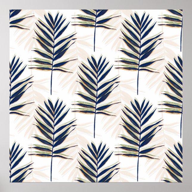 Modern Blue Palm Leaves Gold Strokes White Design Poster (Front)