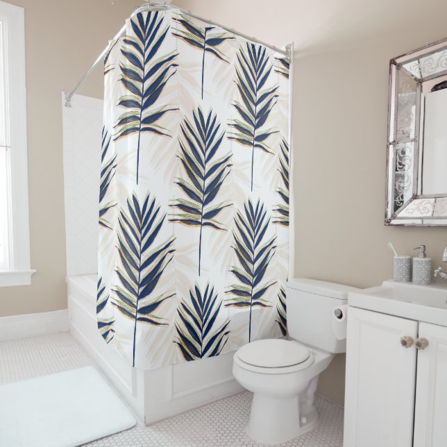 Modern Blue Palm Leaves Gold Strokes White Design Shower Curtain (In Situ)