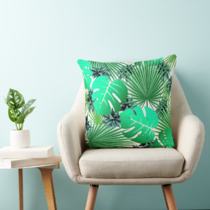 Modern Blue Palm Leaves Tropical Jungle Pattern Cushion