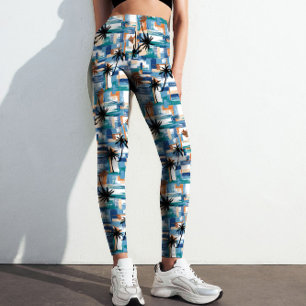 Modern Blue Palm Tropical Checked Abstract Pattern Leggings