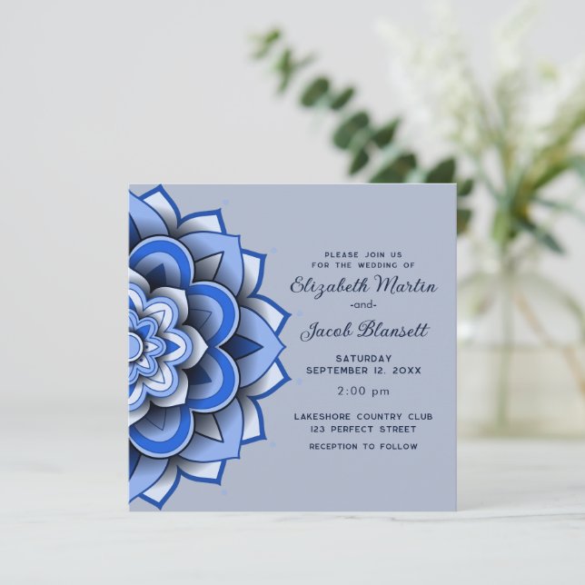 Modern Blue Paper cut Mandala Wedding Invitation (Standing Front)