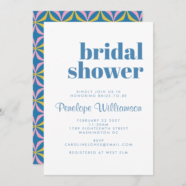 Modern Blue Pattern Retro Typography Bridal Shower Invitation (Front/Back)