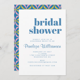 Modern Blue Pattern Retro Typography Bridal Shower Invitation