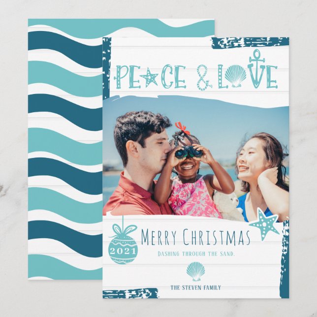 Modern blue peace love beach Christmas photo  Holiday Card (Front/Back)