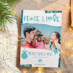 Modern blue peace love beach Christmas photo Holiday Card<br><div class="desc">Modern coastal seaside blue peace love beach Christmas photo with hand lettered rope pattern, anchor , clam and star fish. Spending the holidays on the beach in the South Hemisphere! Dashing through the sand! With turquoise and navy blue editable colours and brushstroke overlay photo. With a wave pattern at the...</div>