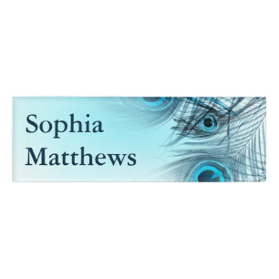 Modern Blue Peacock Feathers Name Tag